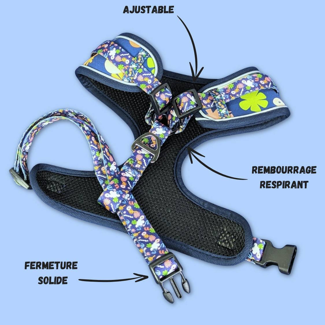 Hanrais classique pour chien aux couleurs originales deep Agua. Harnais présenté ici ouvert.