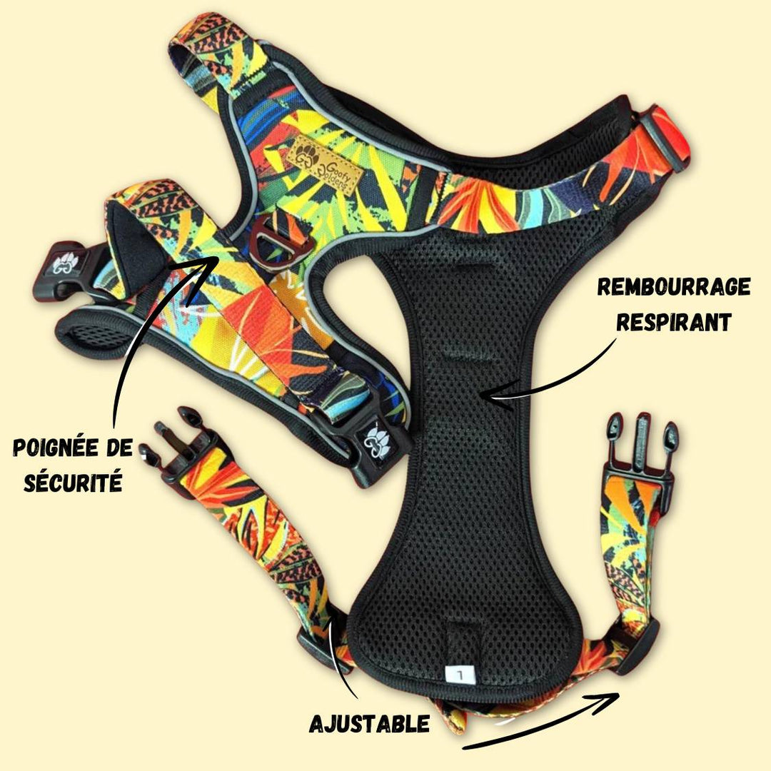 Photo du harnais anti-traction Tropical. Le harnais est ouvert permettant de voir l'interrieur du produit, qui est rembourré optimisant le confort du chien.