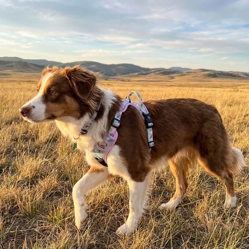 À travers les herbes d’altitude, un chien marron et blanc avance sereinement, harnais confort Pastel à son dos.