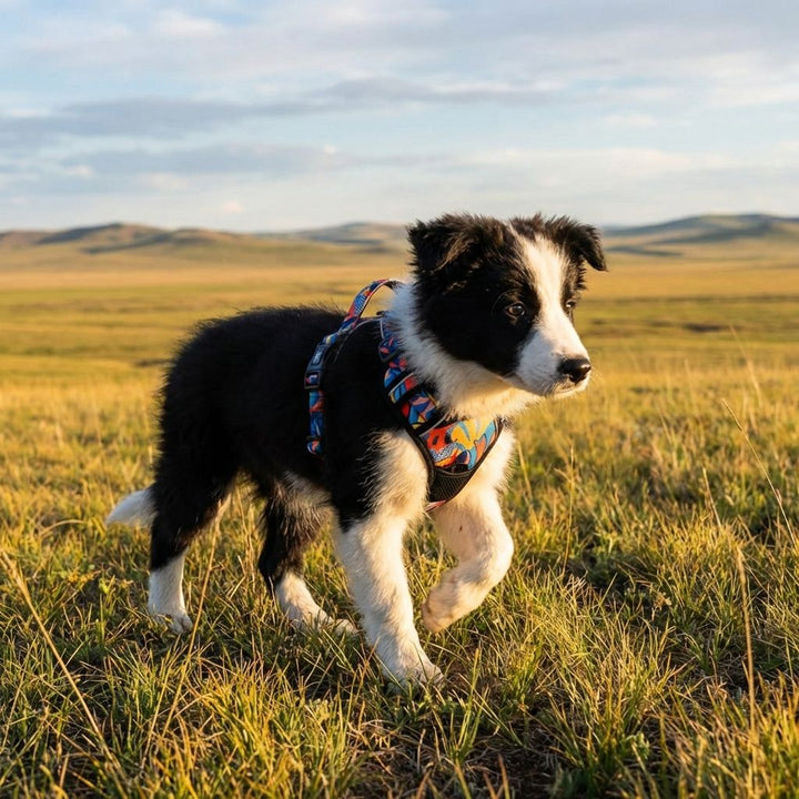 On aperçoit un chiot noir et blanc avançant paisiblement à travers les herbes d’altitude, équipé de son harnais confort Lagon.