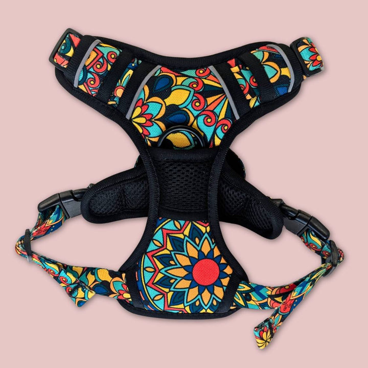 On peut voir l'avant du harnais anti-traction Mandala aux couleurs vives de la marque Goofy Goldens. 