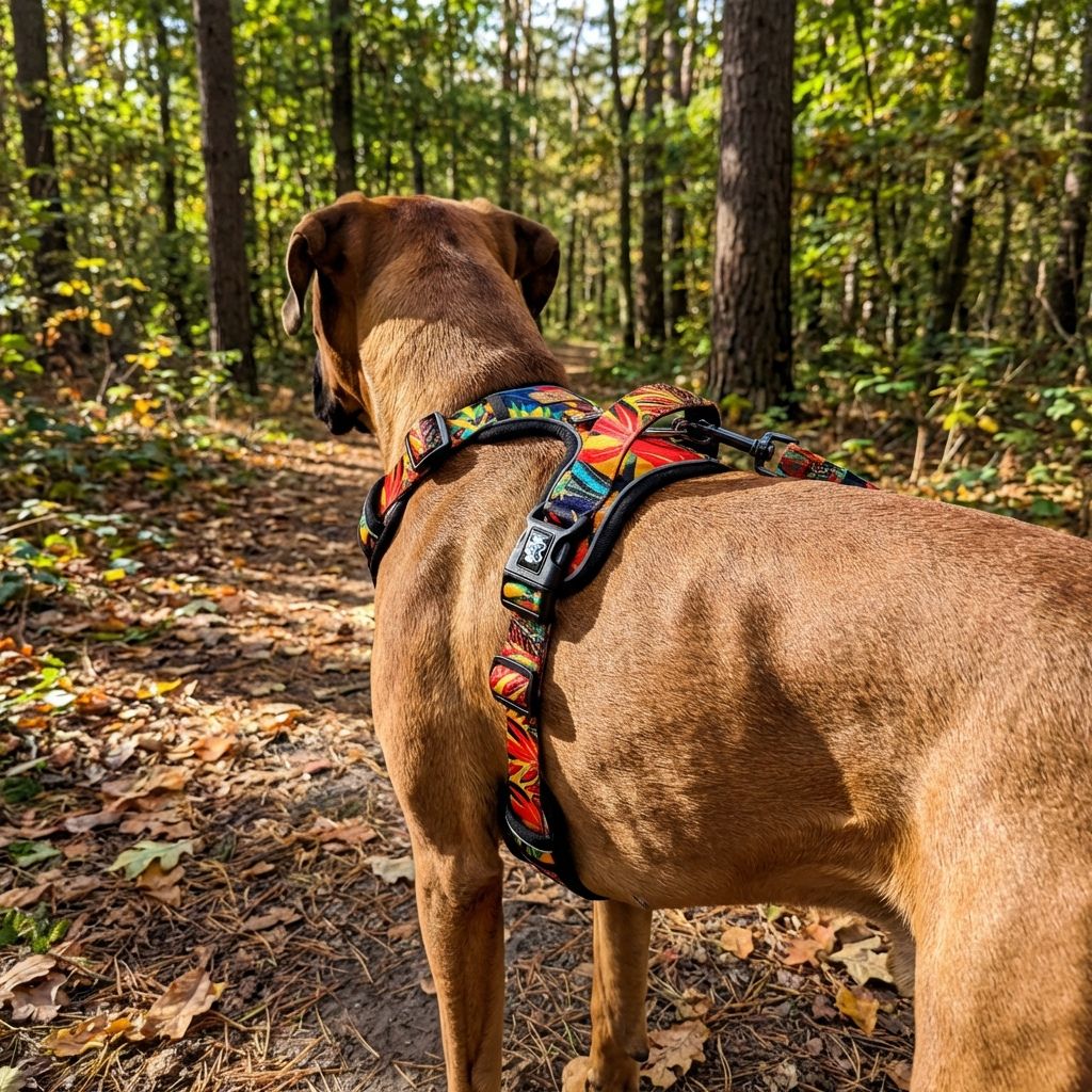 Un chien marron, muni de son harnais confort Tropical coloré, se balade tranquillement dans la forêt.