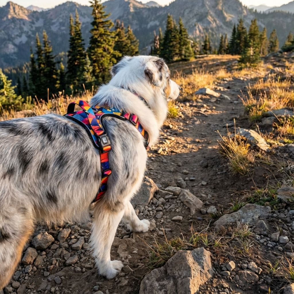 Sur les sentiers montagneux, un berger australien explore la nature, portant son harnais confort Panache aux couleurs jaune, orange, bleu, violet et fuchsia.