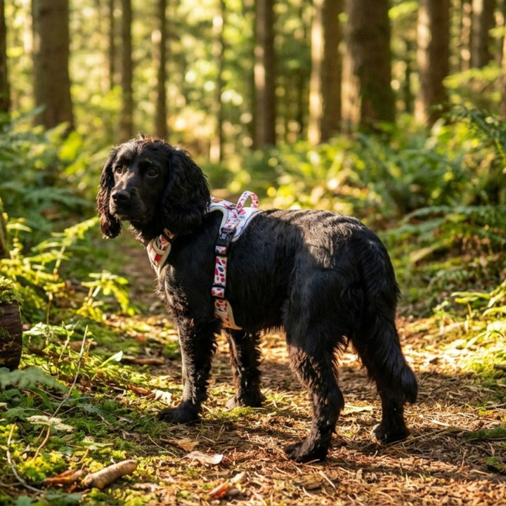 Un petit chien marron, arborant un harnais confort de la gamme pétales aux couleurs  rose, orange, bleu et jaune, se balade sereinement au cœur de la forêt.