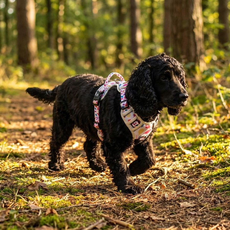Un petit chien marron, portant un harnais coloré décoré de motifs en forme de pétales, explore tranquillement la forêt.