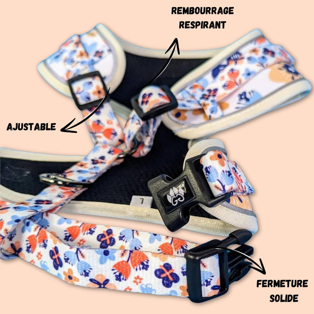 Harnais Printemps classique aux motifs floraux bleus et orange. on voit ici la boucle ouverte.