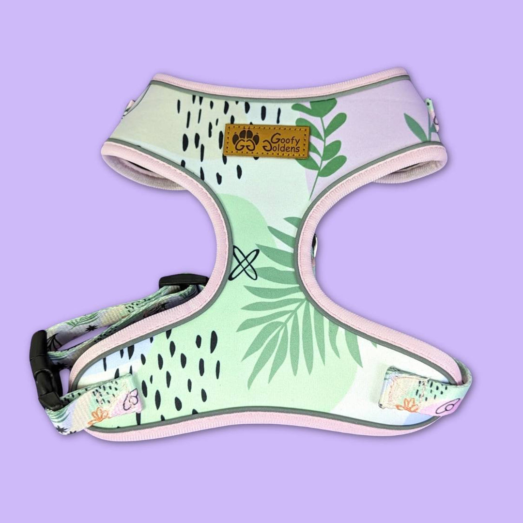 Harnais rembourré à l'avant aux tons verts, bleus, violets et jaunes pastel de la marque française Goofy Goldens.