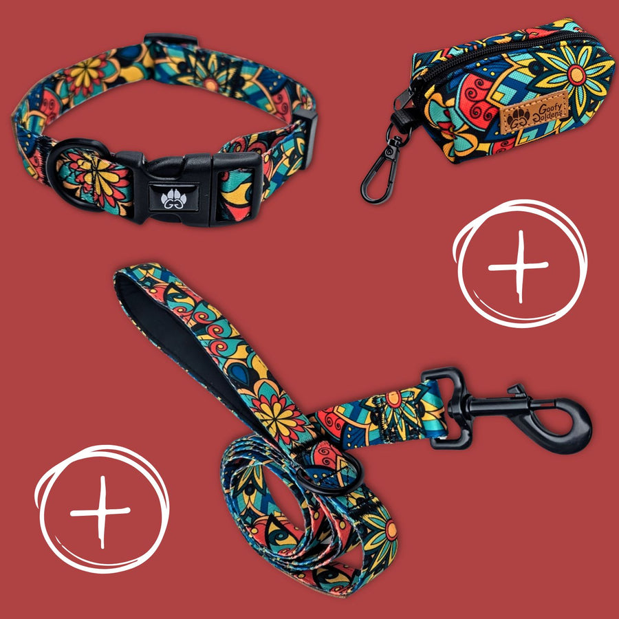 Kit de balalde Goofy Goldens ,collier, laisse et sac à déjéction assortis avec un tissu coloré à motif mandala rouge , jaune et bleu.