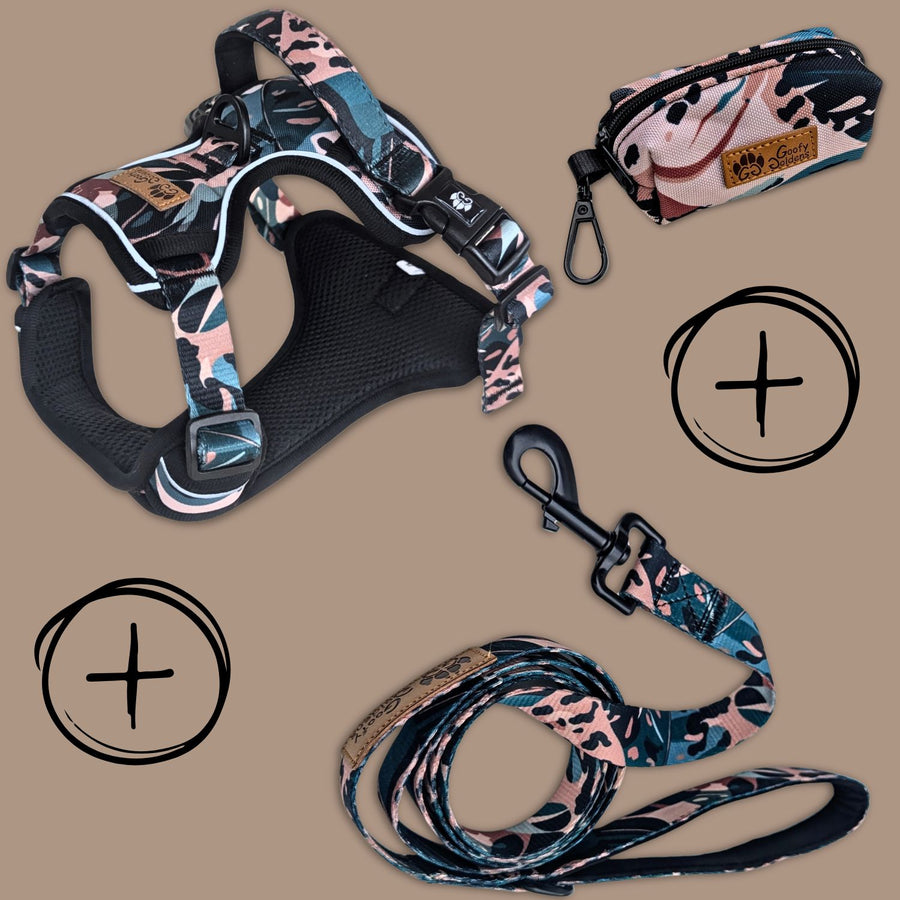 Kit de balade "Harnais anti-traction" de la collection Savane, comprenant un harnais, une laisse assortie et un distributeur de sacs à déjections.