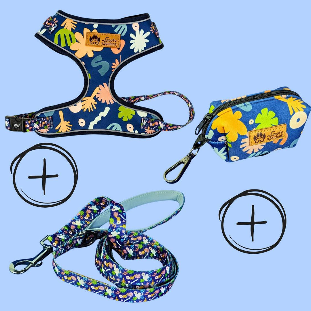 Kit de balade "Harnais" de la collection Deep Agua comprenant: le harnais, la laisse et le distributeur de sacs à crottes