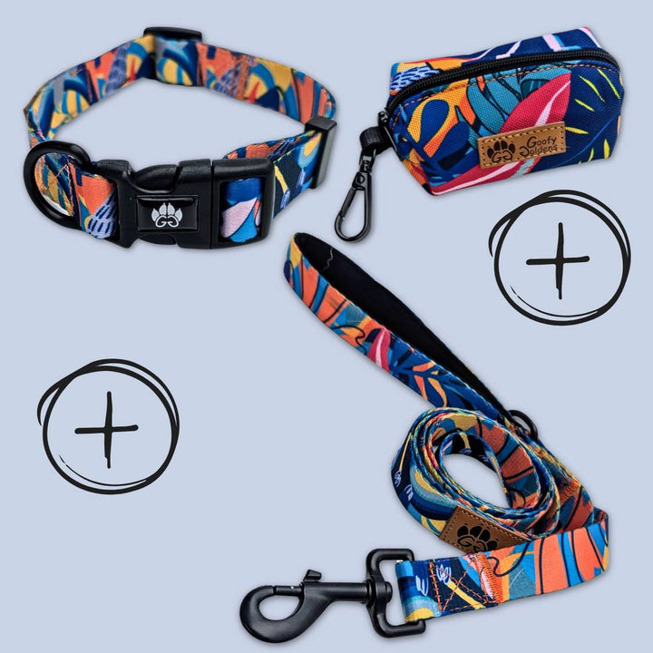 Kit de balalde ,collier, laisse et sac à déjéction assortis avec un tissu coloré à motif tLagon orange bleu jaune