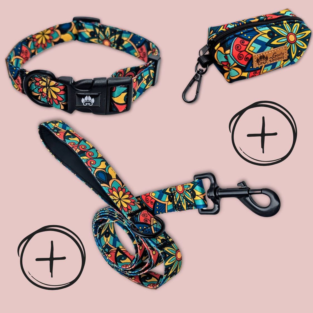 Kit de balalde Goofy Goldens ,collier, laisse et sac à déjéction assortis avec un tissu coloré à motif mandala rouge , jaune, vert et bleu.