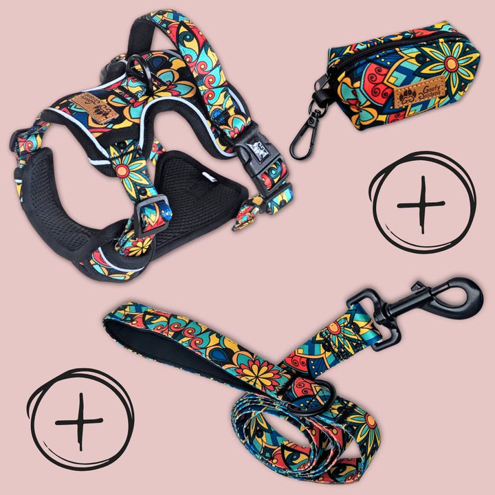 Kit de balalde ,collier, laisse et sac à déjéction assortis avec un tissu coloré à motif Mandala rouge , jaune , bleu et vert.