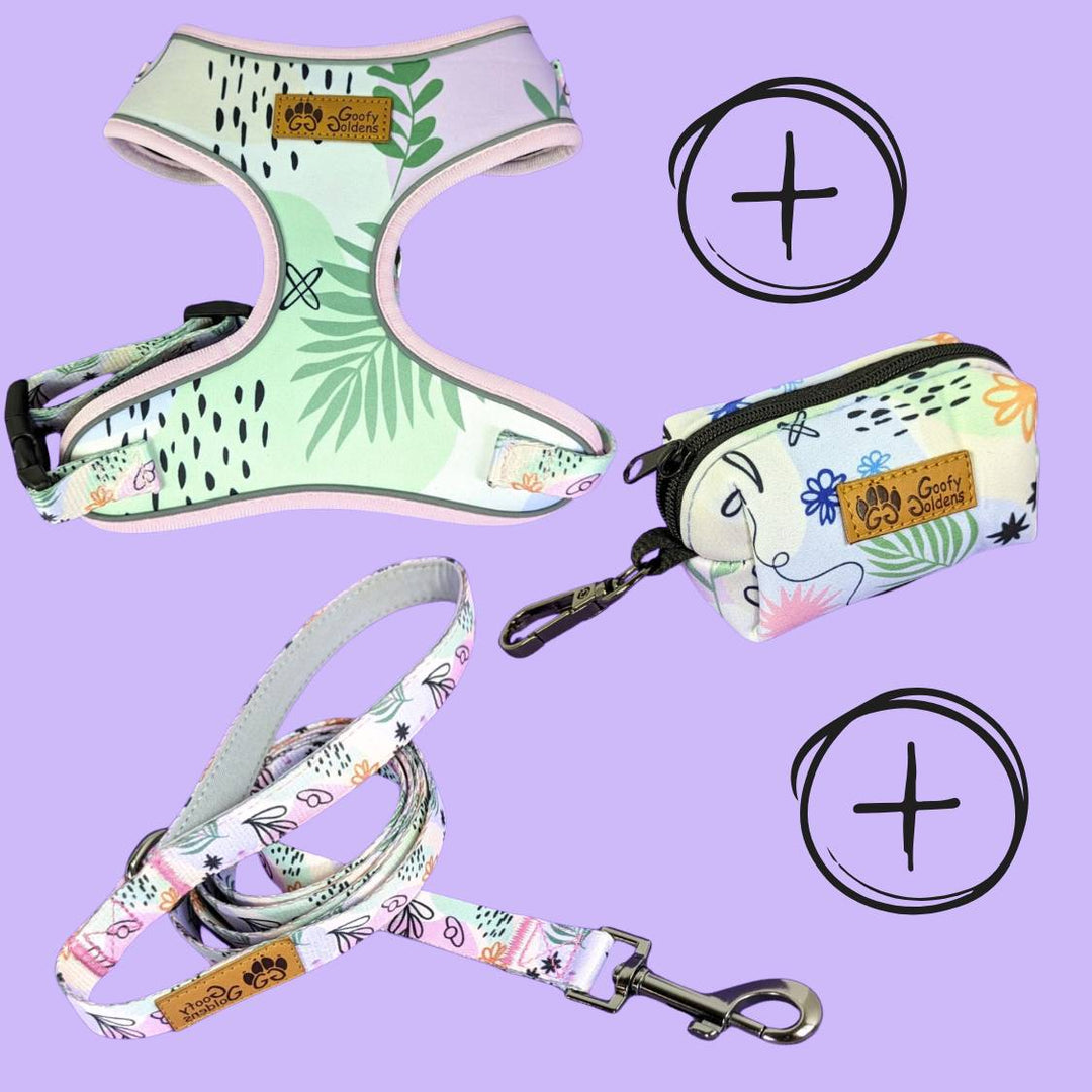 Kit de balade "Harnais" de la collection Pastel comprenant: le harnais, la laisse et le distributeur de sacs à crottes