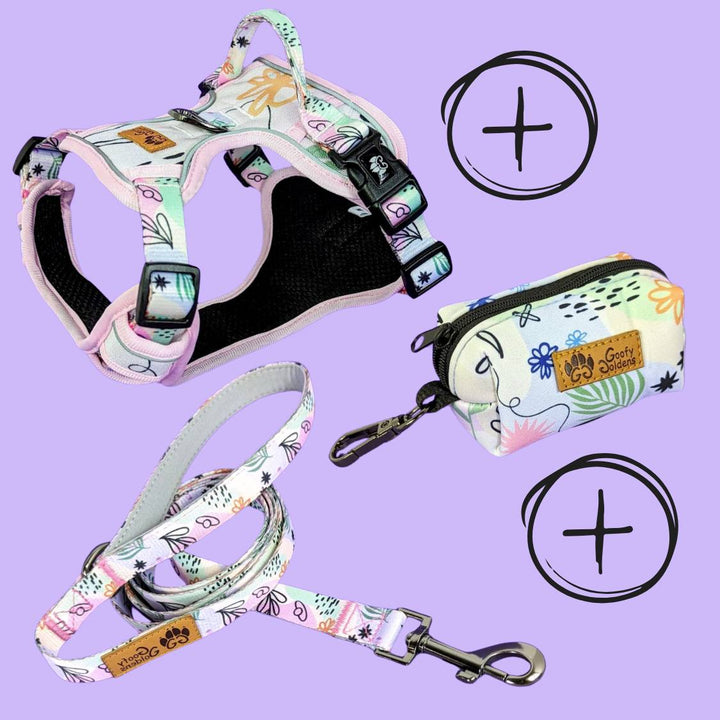 Kit de balade "Harnais Confort" de la collection Pastel comprenant: le harnais, la laisse et le distributeur de sacs à crottes