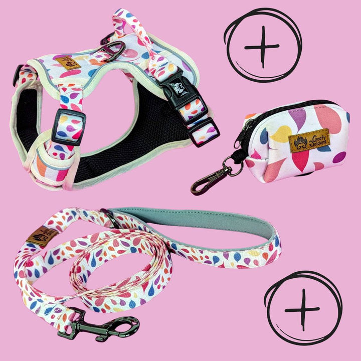 Kit de balade "Harnais confort" de la collection Pétales comprenant: le harnais, la laisse et le distributeur de sacs à crottes