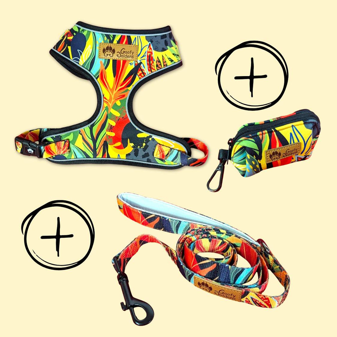 Kit de balade "Harnais" de la collection Tropical comprenant: le harnais, la laisse et le distributeur de sacs à crottes