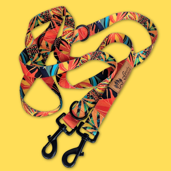 Laisse multipositons de la marque Goofy Goldens aux couleurs vives de rouge , jaune , vert et orange .