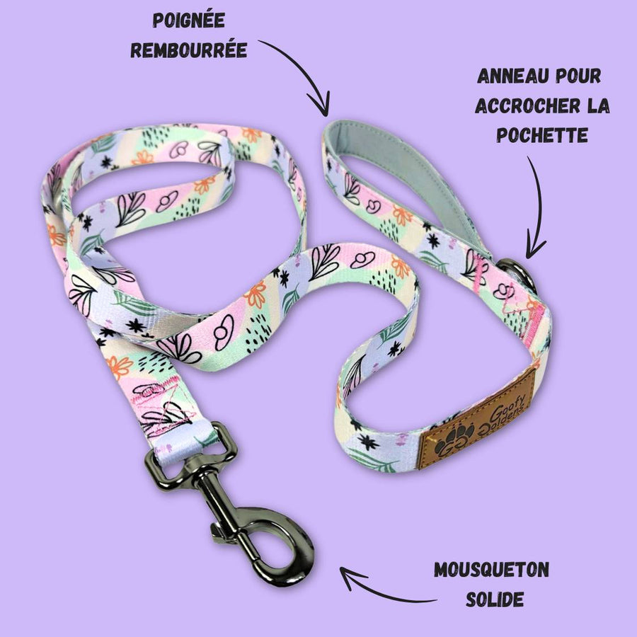 Mise en avant des motifs aux couleurs pastels Goofy Goldens ainsi que de l'anneau pour accrocher le distributeur de sacs à crottes