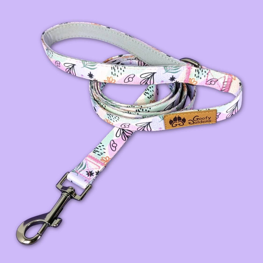 Présentation de la laisse originale et robuste aux couleurs roses, jaunes, verts et bleus pastels associés à des motifs tendance de la marque Goofy Goldens.