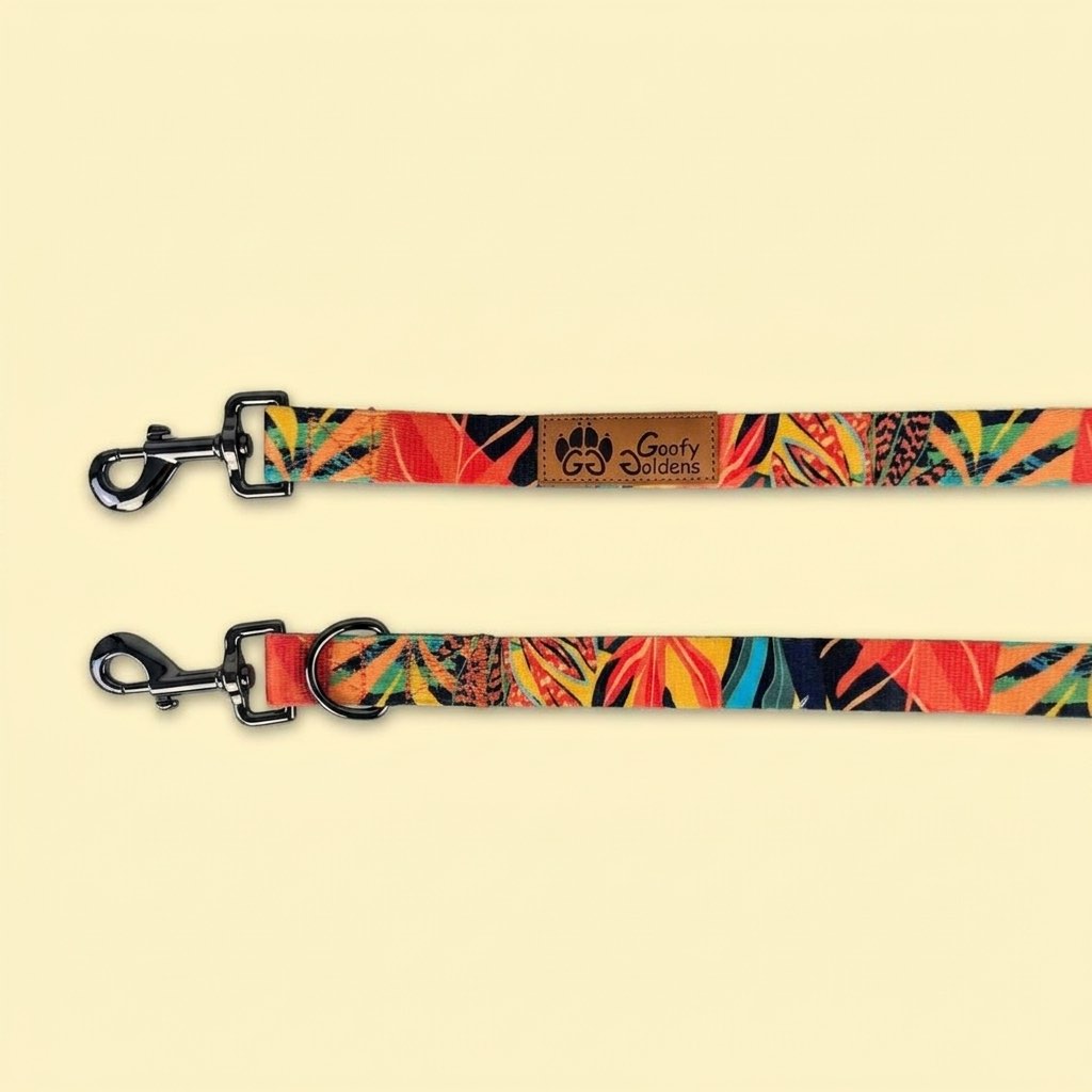 On aperçoit les deux mousquetons de la laisse Multiposition de la marque Goofy Goldens aux motifs tropicaux.