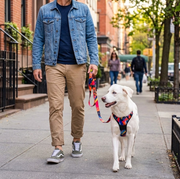 personne baladant un chien blanc type husky dans la rue qui porte un harnais panache, l'homme tient le chien avec la laisse panache 