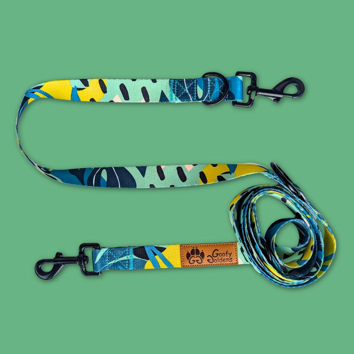 Présentation de la laisse Multiposition de la marque Goofy Goldens, mettant en avant ses différents points d'attache.