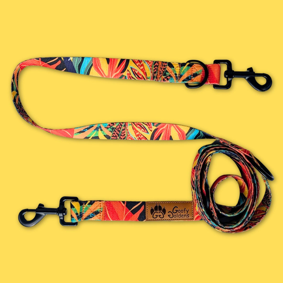 Vue sur la laisse Multiposition Tropical aux motifs tropicaux de couleurs jaune, orange, rouge, vert et noir .