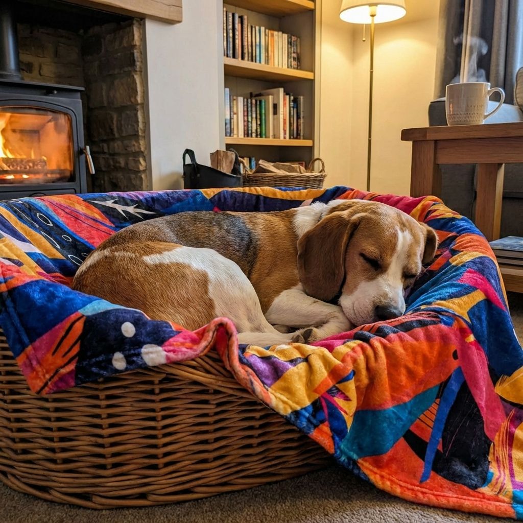 Dans son panier, un chien marron et blanc profite du confort d’un plaid Panache, tout près du feu de cheminée.