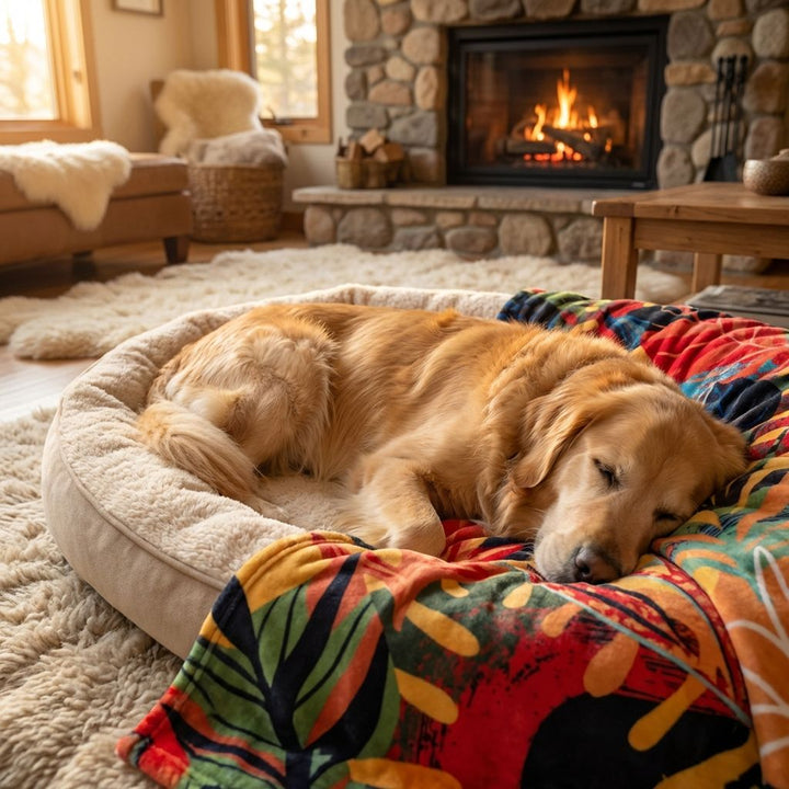 Dans l’atmosphère cosy du salon, un labrador marron dort paisiblement sur un coussin drapé d’un plaid Tropical très coloré.
