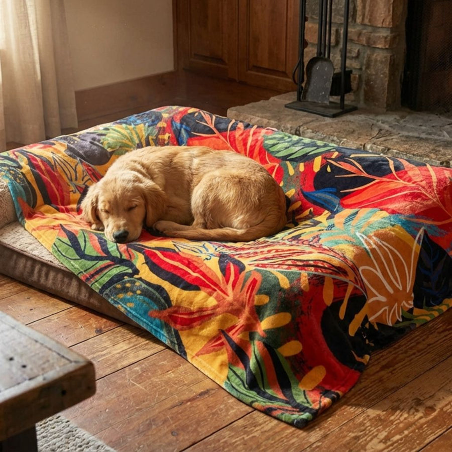 Tout près de la cheminée, un labrador marron se détend sur un grand coussin recouvert d’un plaid Tropical aux couleurs vives et chaleureuses
