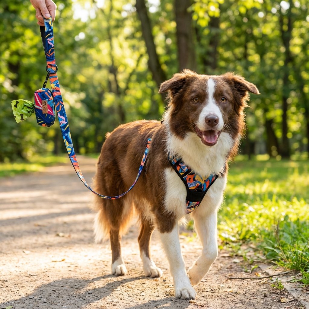 Dans le parc, un maître et son chien profitent d’une promenade paisible, le chien équipé d’un harnais et d’une laisse Lagon, avec une pochette à sacs à crottes fixée à la laisse et un sac prêt à être utilisé.