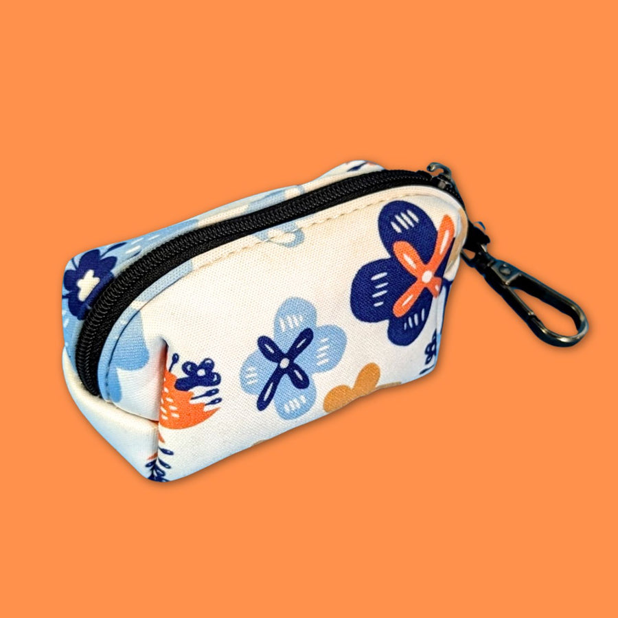 Distributeur fleuri de sacs à déjections pour chien aux tons bleu et orange 