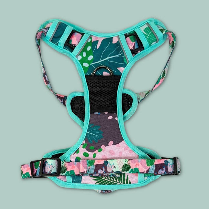 Zoom sur la face avant du harnais anti traction chien de la colection Cactus. On distingue ici les motifs et les tons verts et rose.