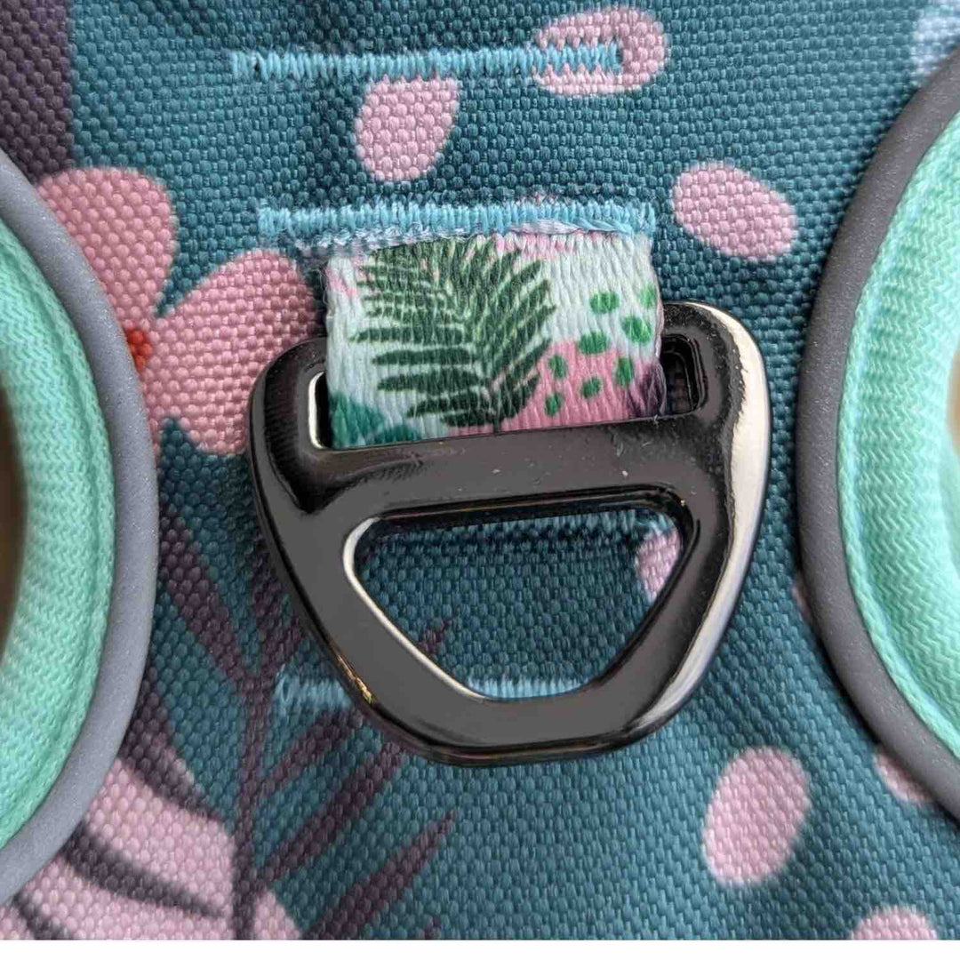 Zoom sur l'anneau en D solide servant à attacher la laisse du chien au dos du harnais tendance de la gamme Cactus