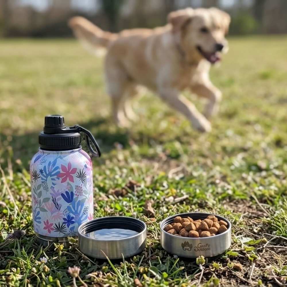 Gros plan sur la gourde Flora avec un chien heureux