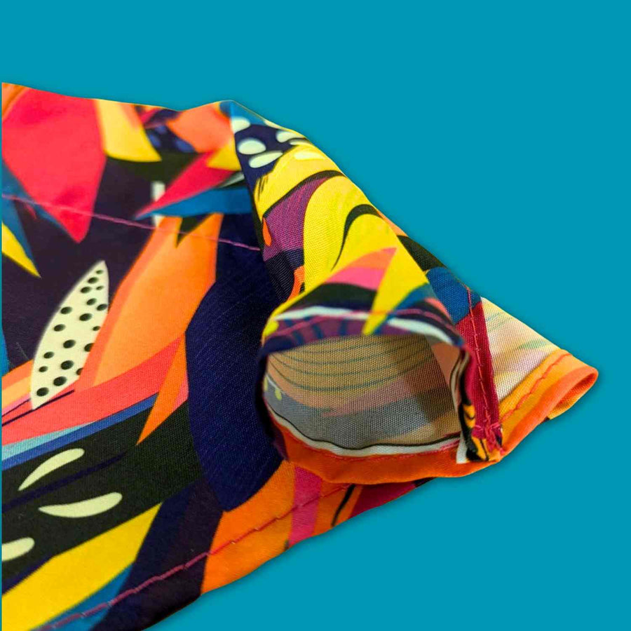 Zoom sur l'espace dans bandana pour chien aux belles couleurs orange, jaune, violet et fuschia dans lequel enfiler le collier pour chien